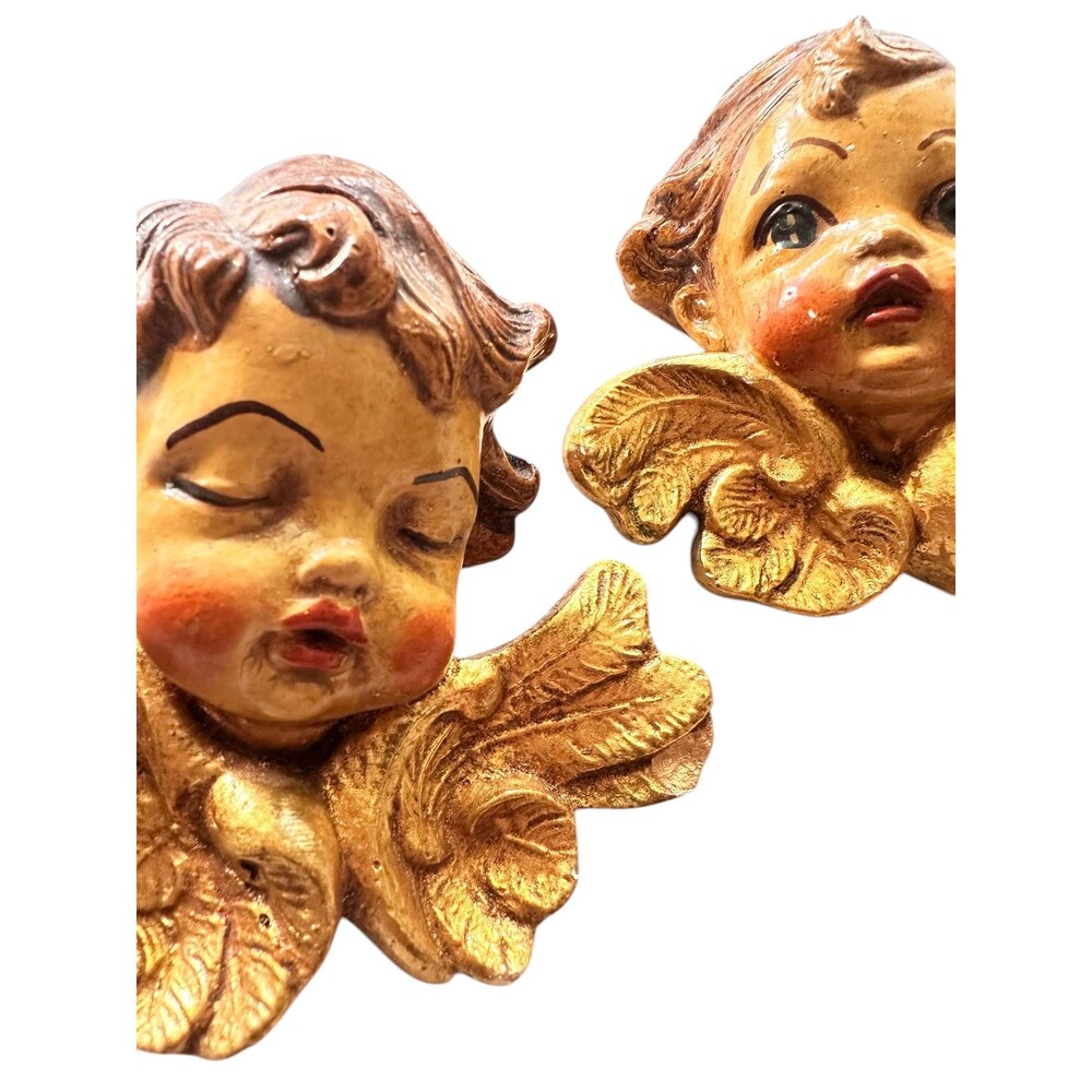Vintage Italian Cherub Small Wall Plaques Set of 2 Gold Chalkware Putti Angels - Picture 7 of 7